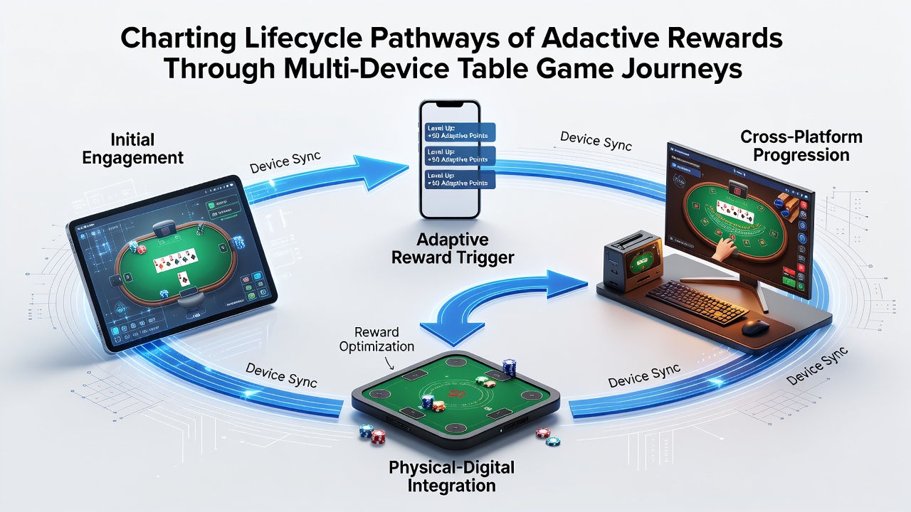 Multi-device table game interfaces showing reward progression across smartphone, tablet, and desktop screens
