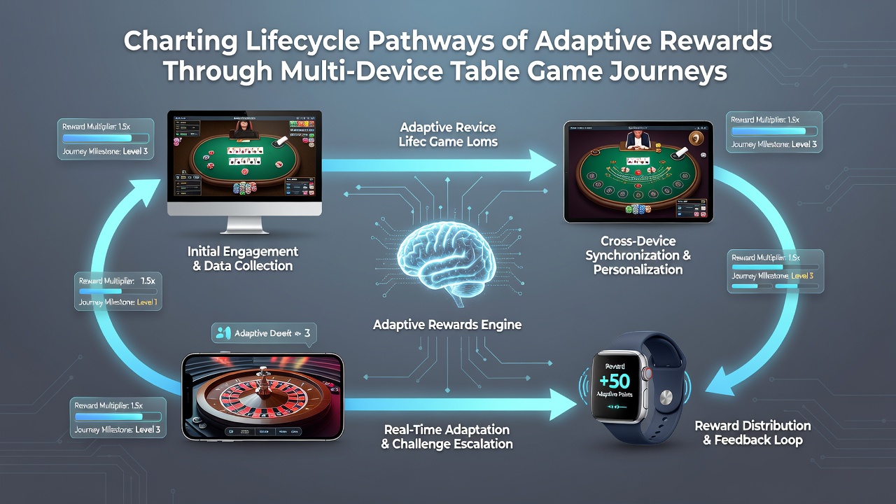 Flowchart illustrating reward lifecycle stages synchronized across mobile, tablet, and desktop table game sessions