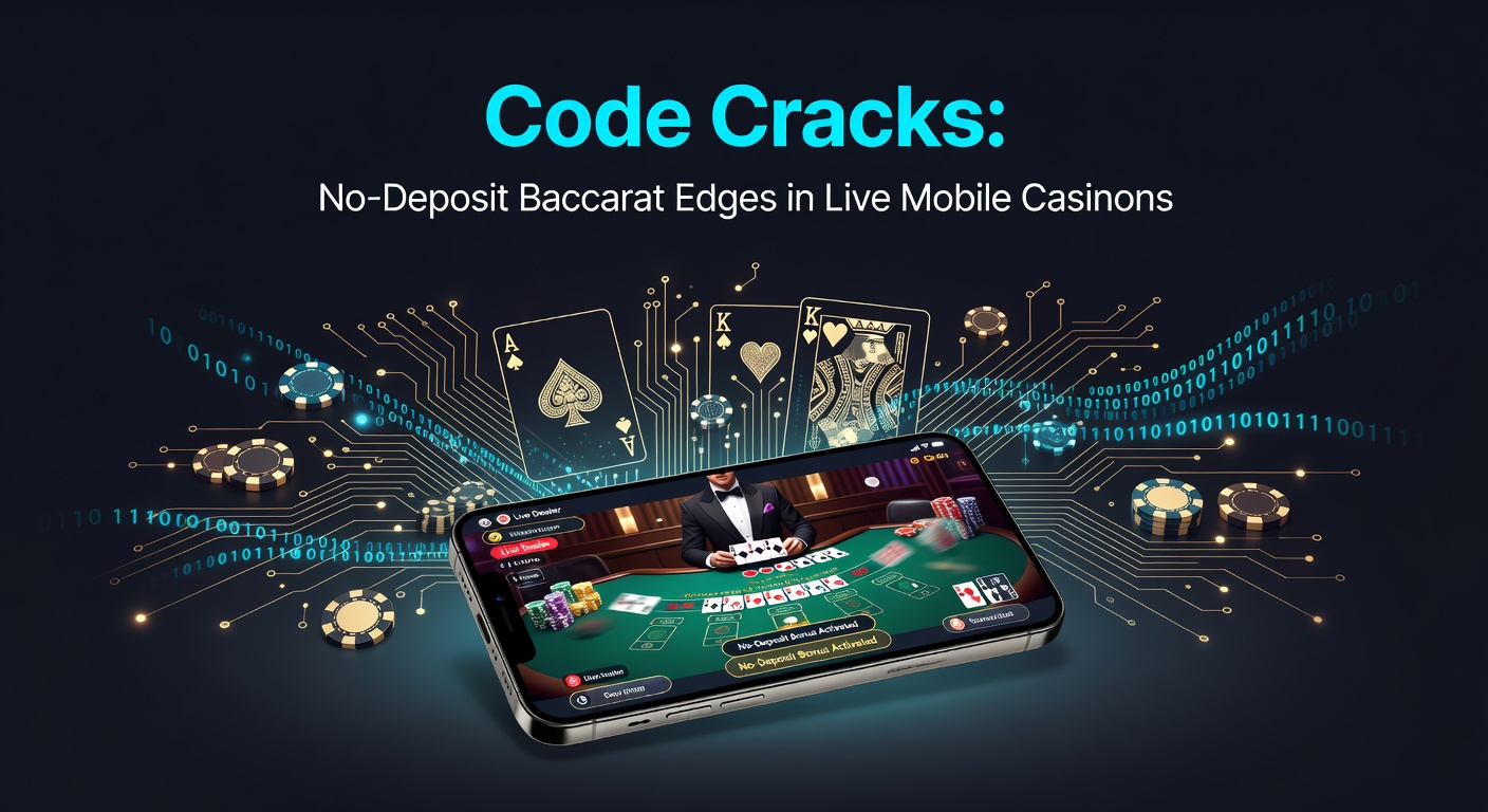 Vibrant live baccarat table on a mobile screen displaying a no-deposit promo code activation overlay, with dealer cards and betting options illuminated