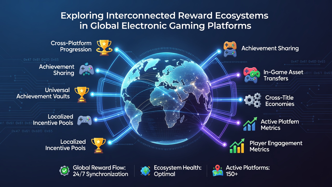 Diagram of reward flow between electronic gaming platforms showing data synchronization and player accounts