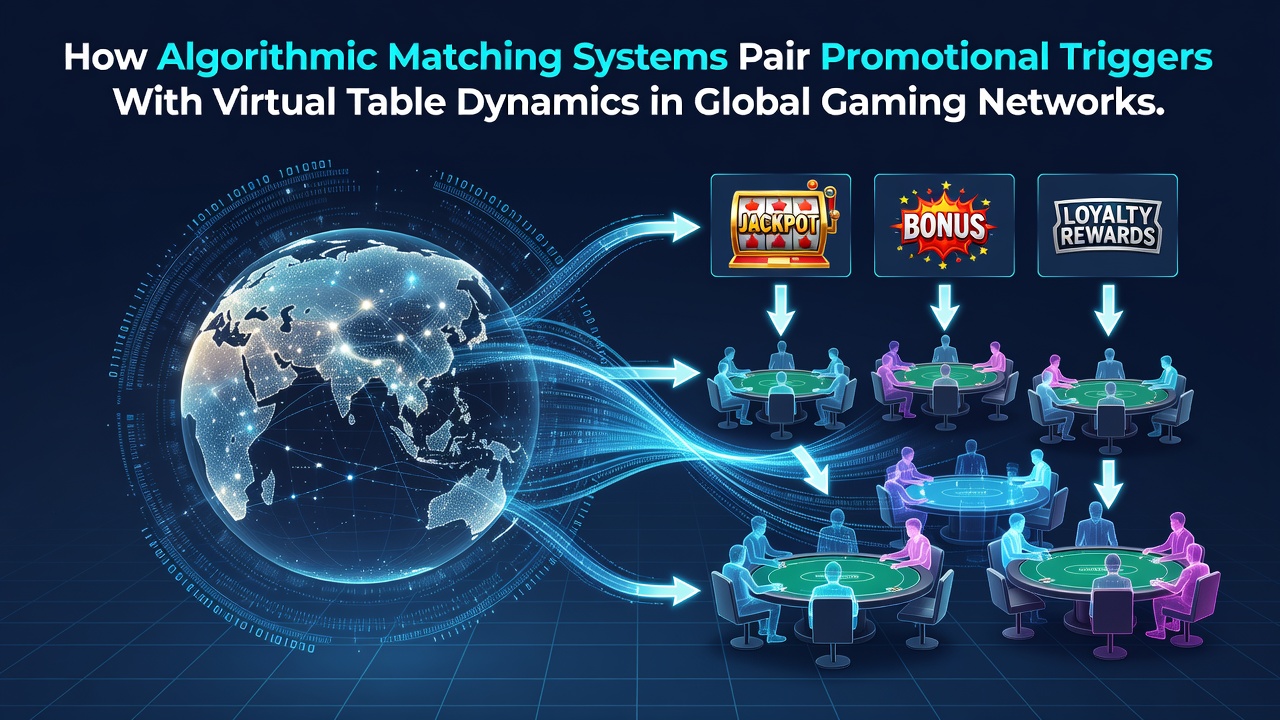 Illustration of algorithmic matching systems connecting promotional triggers to virtual gaming tables in global networks