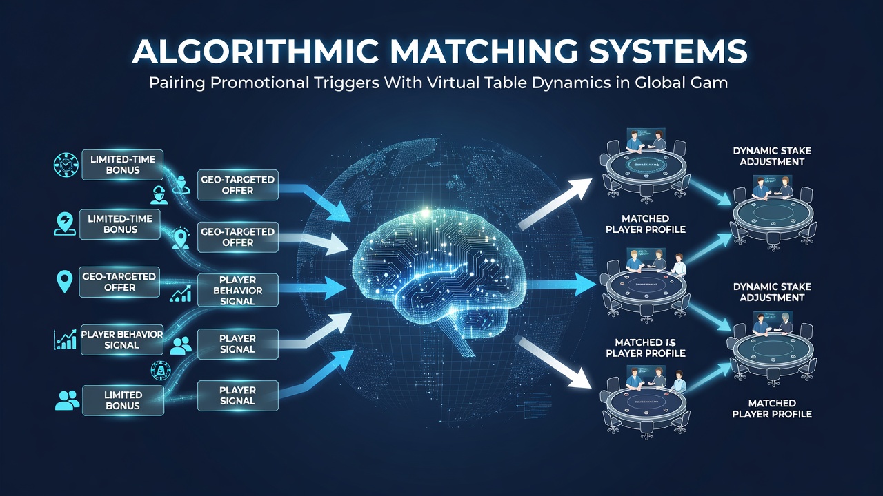 Diagram showing data flow between promotional algorithms and virtual table interfaces in international gaming setups