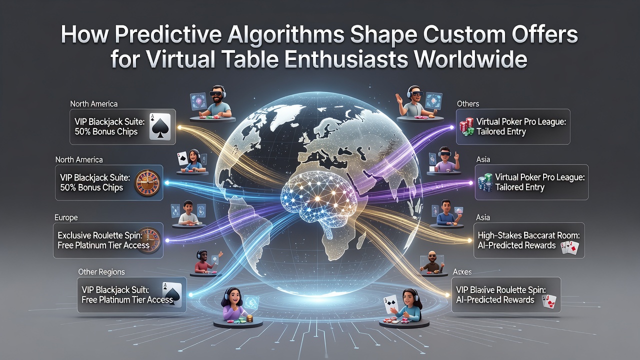 Global network diagram showing algorithm-driven offer distribution to virtual table players