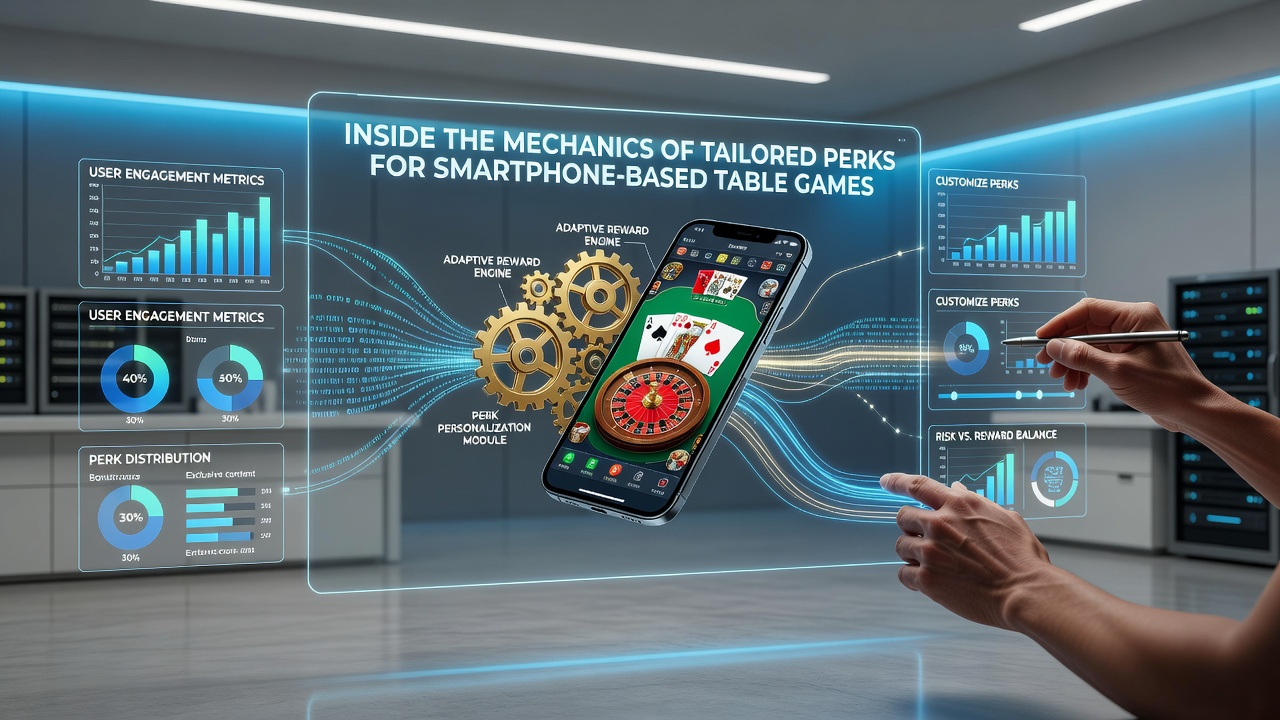 Smartphone screen displaying a digital table game interface with personalized perk notifications overlaid on a blackjack layout