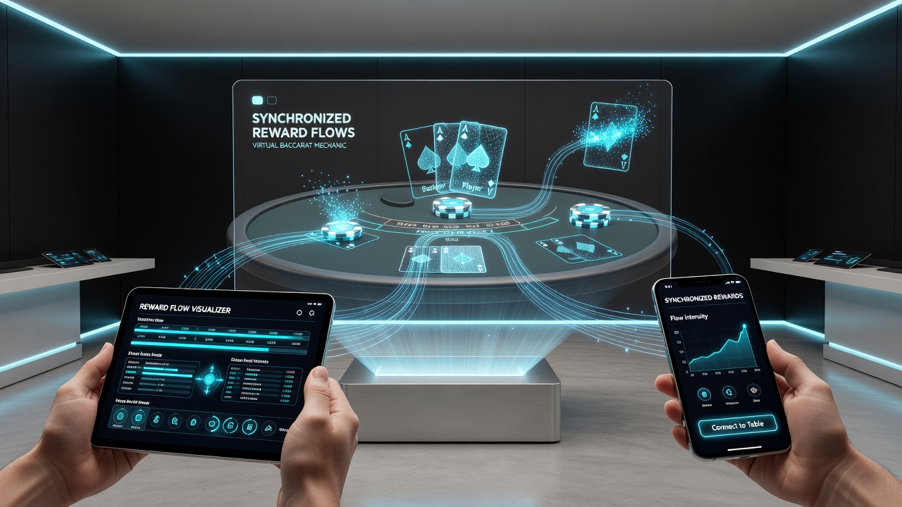 Virtual baccarat table with overlaid mobile reward notifications