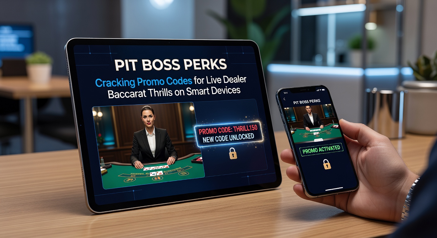 Close-up of a tablet running live baccarat with pit boss perk notification and promo code input screen, showing active bonus multipliers