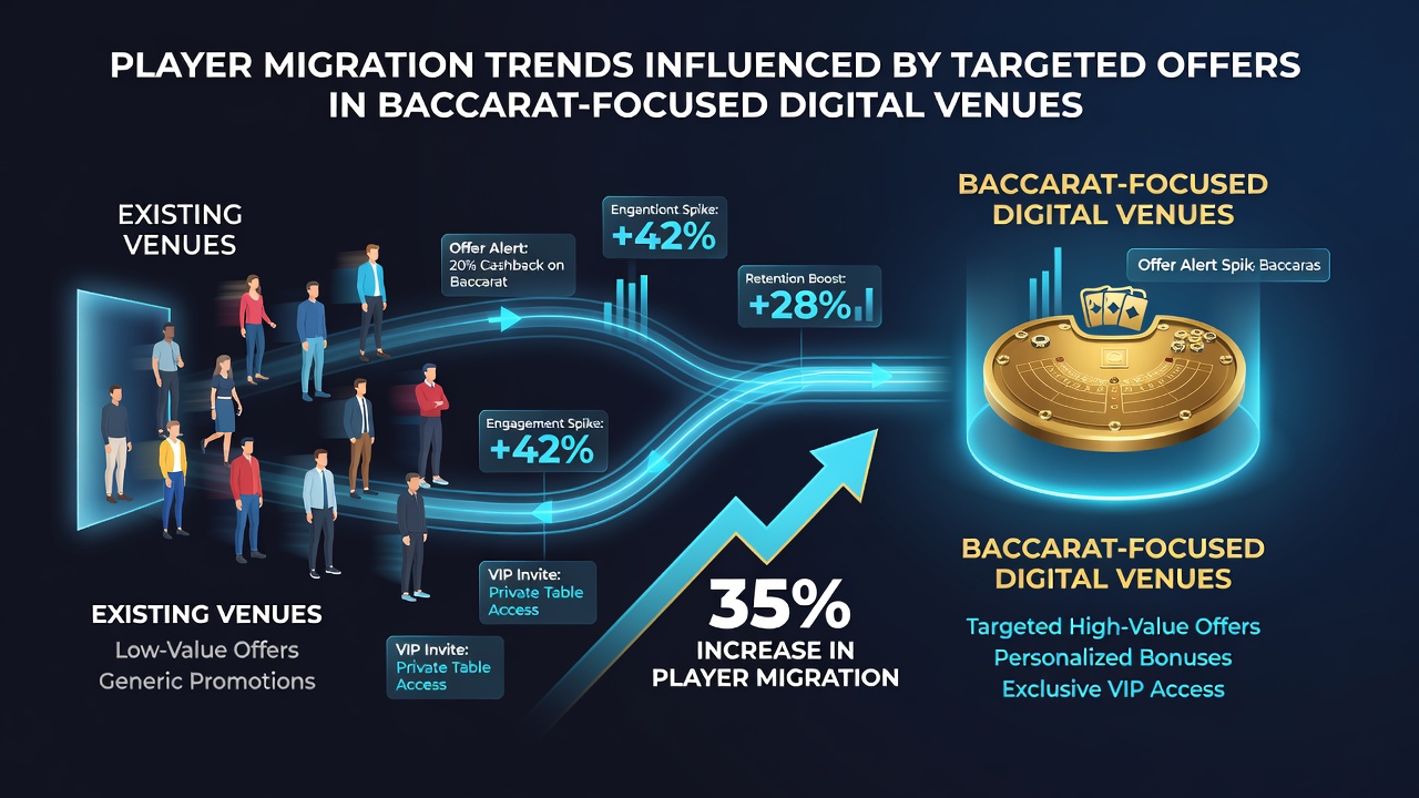 Analytics dashboard displaying baccarat player migration flows and targeted offer conversion rates