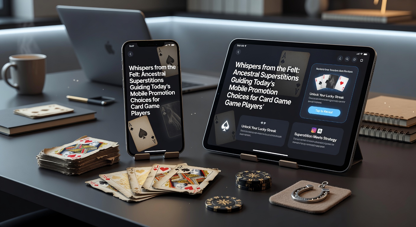 Traditional card game table with ancestral symbols and modern smartphone displaying mobile casino promotions
